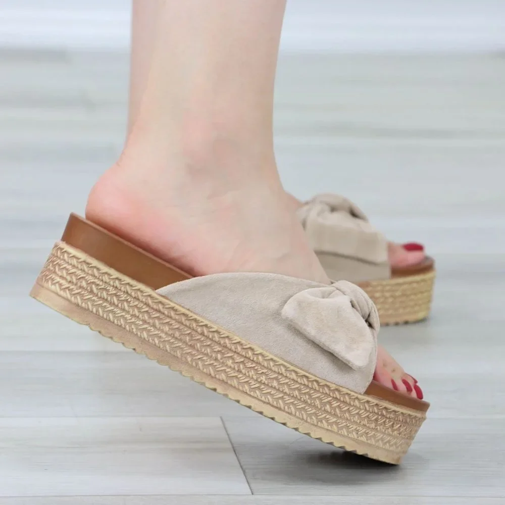 Suede Nude Bow Comfort Platform Sandal Slip On Sliders - Picture 7 of 14